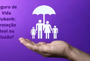Seguro de vida Nubank: proteção familiar representada por guarda-chuva sobre bonecos em fundo roxo