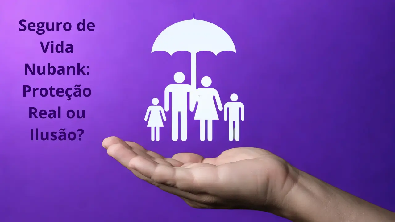 Seguro de vida Nubank: proteção familiar representada por guarda-chuva sobre bonecos em fundo roxo